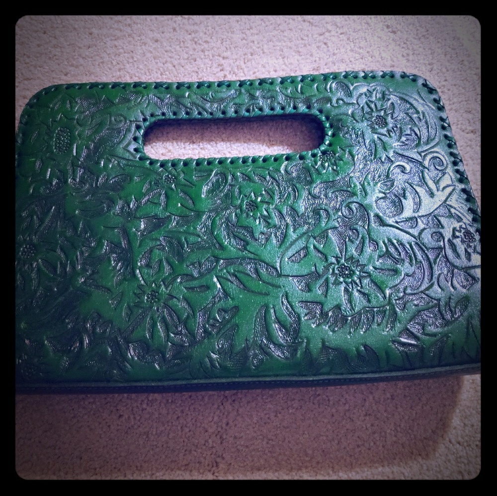 Green Tooled Leather Envelope Clutch Purse